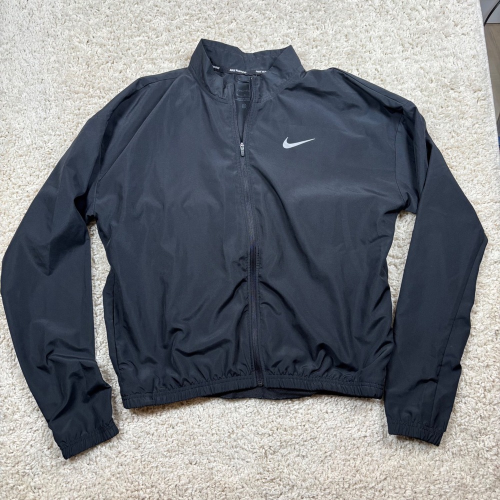 Nike Running Dri-FIT Jacket Black Full Zip Windbreaker Double‎ Swoosh Mens M